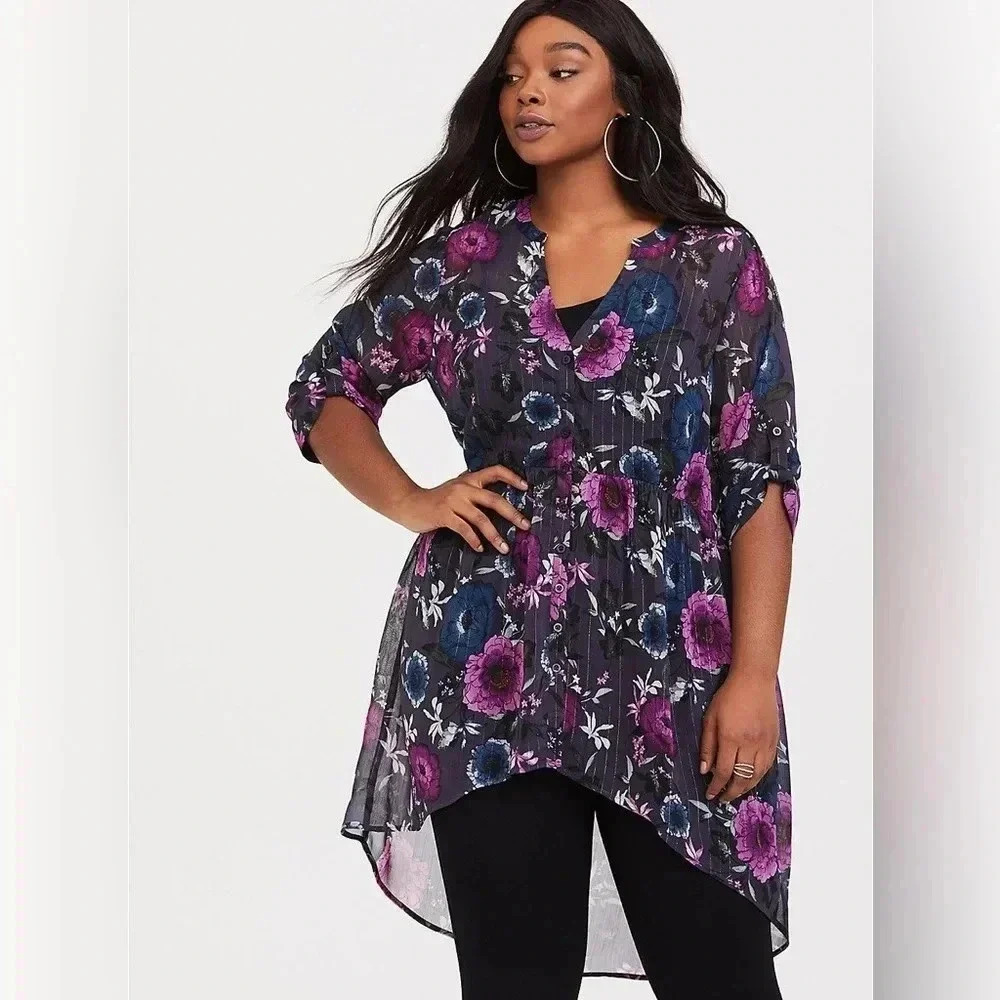Torrid Lexie Pink‎ Purple Blue Multi Floral Metallic Chiffon Tab Sl High Low Top